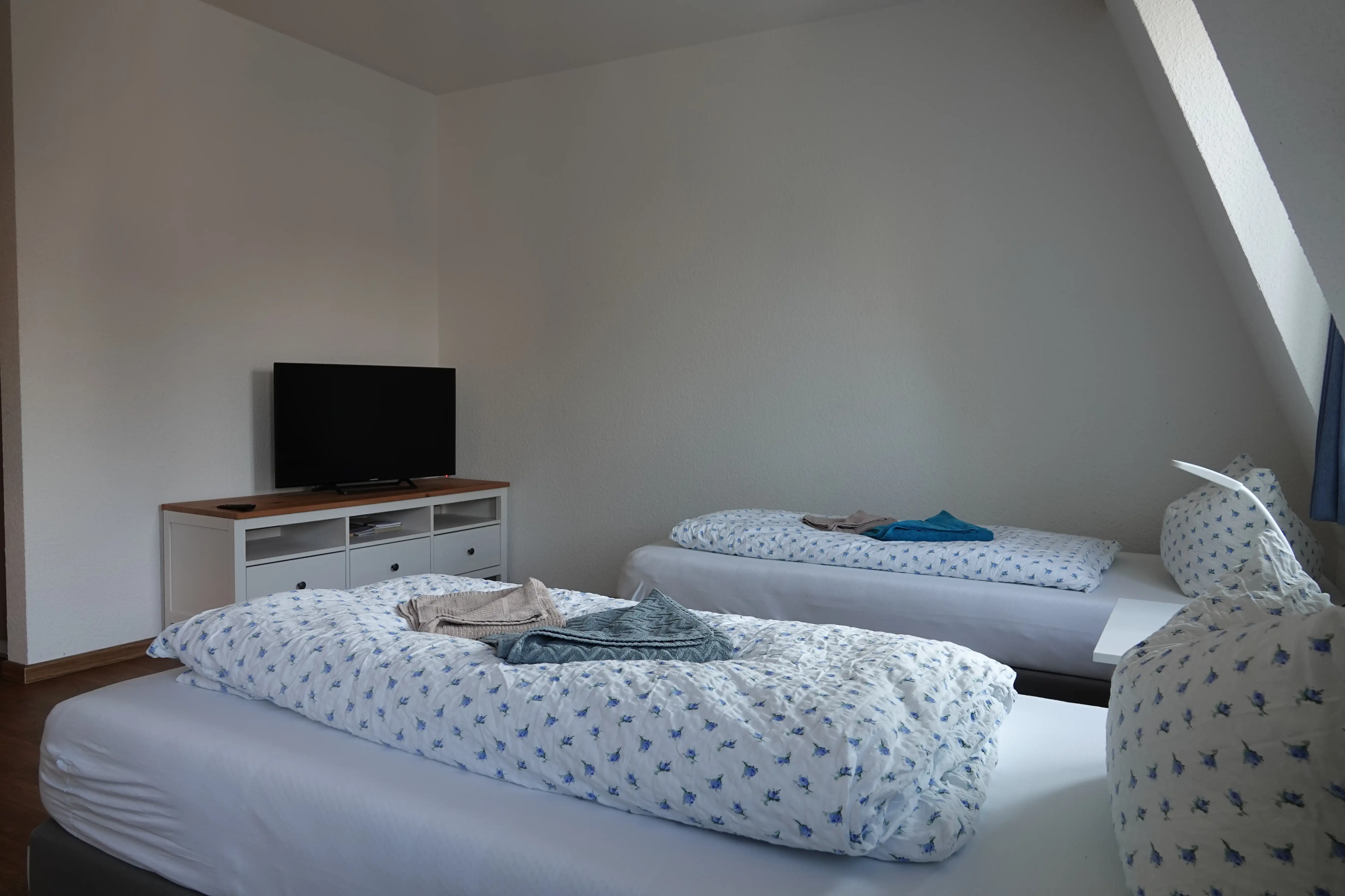 Schlafzimmer mit Fernseher im Apartment für zwei Personen in Weimar